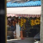 a store with bananas hanging from it's roof